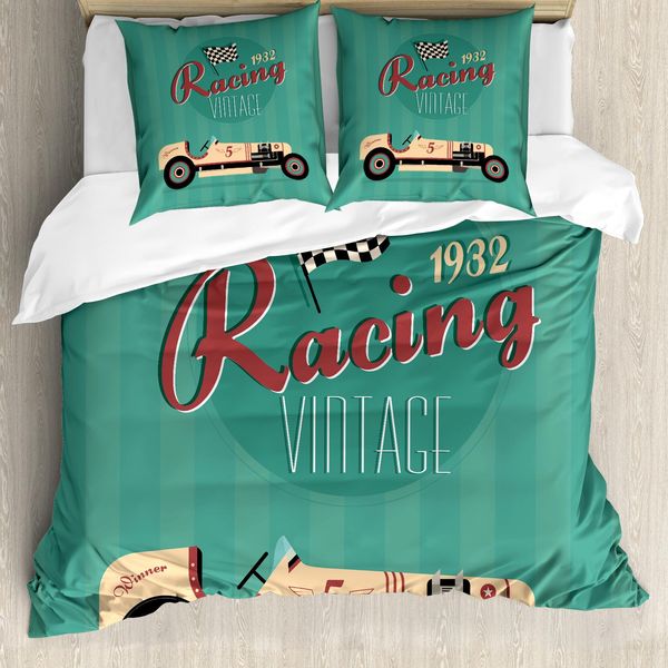 Abakuhaus Copripiumino Autos, Stile Vintage Automobil, Antiacaro, Adatto A Chi Soffre Di Allergie, Con Federe, 200 Cm X 200 Cm - 80 X 80 Cm, Color Verde Acqua Rubino-Crema-image