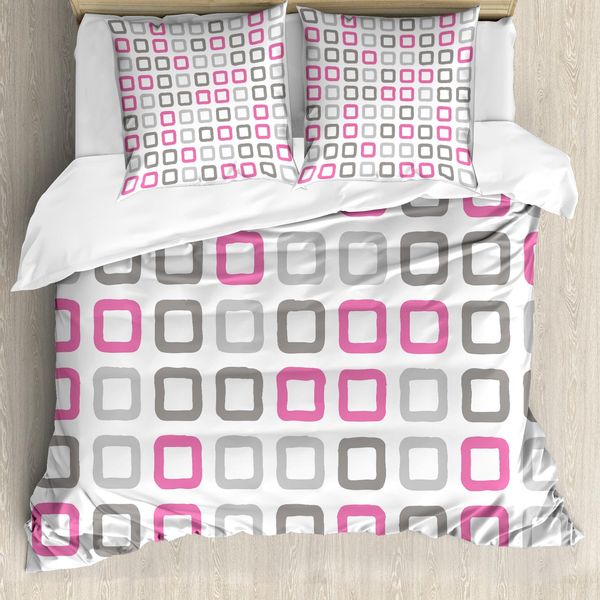 Abakuhaus Copripiumino Geometrico, Motivo A Quadrati, Antiacaro, Adatto A Chi Soffre Di Allergie, Con Federe, 155 Cm X 220 Cm - 80 X 80 Cm, Rosa, Bianco, Grigio-image