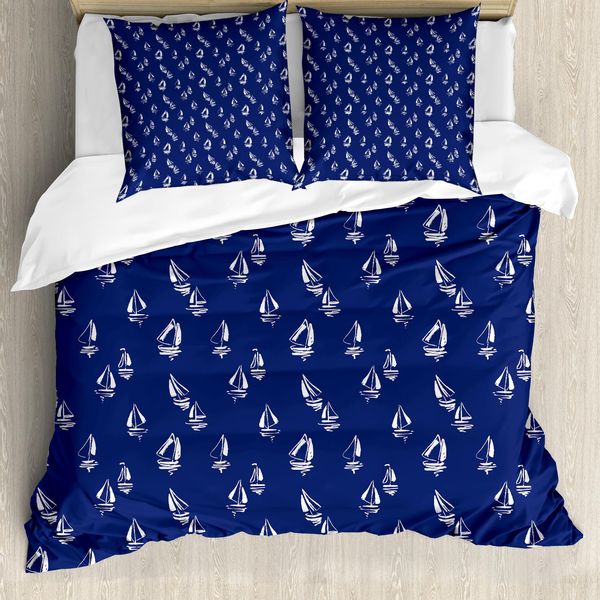 Abakuhaus Copripiumino Blu Navy, Segelyacht Doodle, Antiacaro, Adatto A Chi Soffre Di Allergie, Con Federe, 200 Cm X 200 Cm - 80 X 80 Cm, Blu Scuro Bianco-image