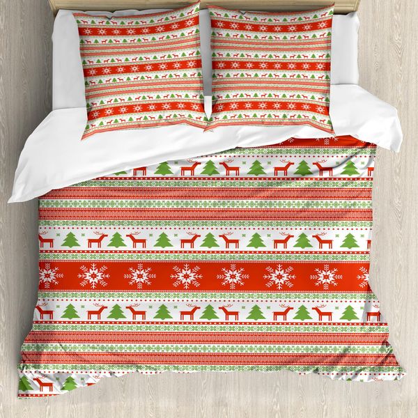 Abakuhaus Set Copripiumino Natalizio Per Letti Matrimoniali, Renna Fiocco Di Neve, Antiacaro, Adatto A Chi Soffre Di Allergie, Con Federe, Rosso Verde Bianco-image