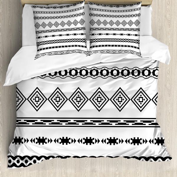 Abakuhaus Set Copripiumino Per Letti Matrimoniali In Stile Nativo Americano, Design Etnico, Antiacaro E Anallergico, Con Federe, Bianco E Nero-image