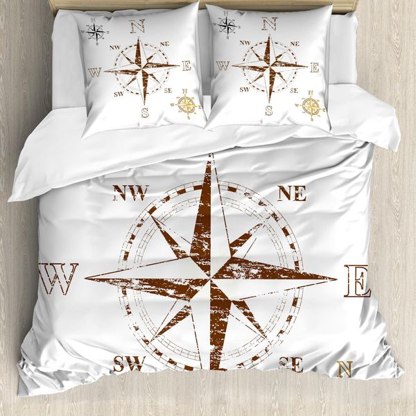 Abakuhaus Copripiumino Kompass, Faded Windrose Segeln, Antiacaro, Adatto A Chi Soffre Di Allergie, Con Federe, 155 Cm X 220 Cm - 80 X 80 Cm, Bianco-Marrone-image