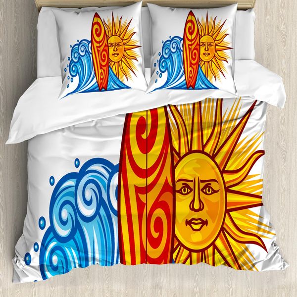 Abakuhaus Cavalca L'onda Copripiumino, Ocean Wave Sun, Antiacaro, Adatto A Chi Soffre Di Allergie, Con Federe, 200 Cm X 200 Cm - 80 X 80 Cm, Giallo Vermiglio Blu-image