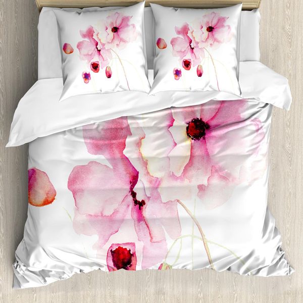 Abakuhaus Copripiumino Acquerello, Petali Rosa, Antiacaro, Adatto A Chi Soffre Di Allergie, Con Federe, 200 Cm X 200 Cm - 80 X 80 Cm, Magenta Rosa Pallido-image