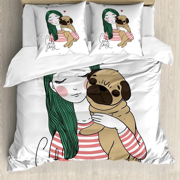 Abakuhaus Copripiumino Mops, Cane Con Ragazza, Antiacaro, Adatto A Chi Soffre Di Allergie, Con Federe, 155 Cm X 220 Cm - 80 X 80 Cm, Verde Bosco Marrone Chiaro-image