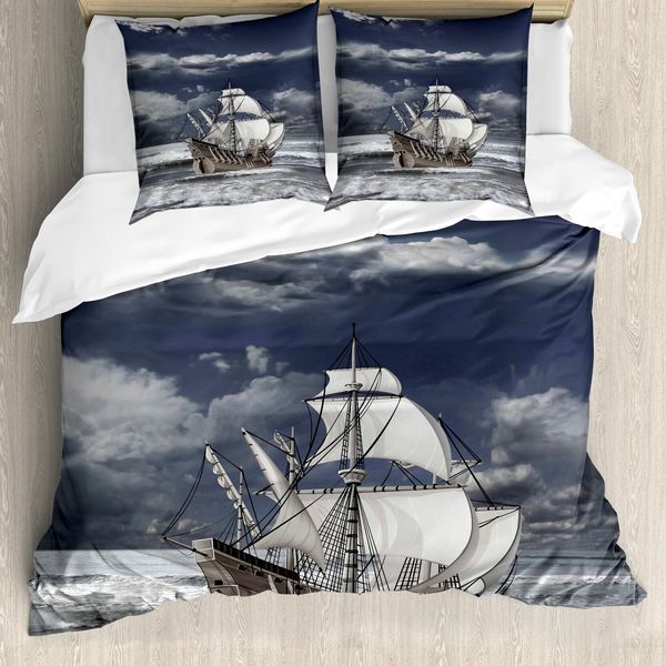 Abakuhaus Copripiumino Paesaggio, Nave Pirata Dei Caraibi, Antiacaro, Adatto A Chi Soffre Di Allergie, Con Federe, 200 Cm X 200 Cm - 80 X 80 Cm, Blu, Grigio, Grigio Chiaro-image