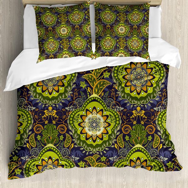 Abakuhaus Copripiumino Etnico, Motivi Tropicali, Antiacaro, Adatto A Chi Soffre Di Allergie, Con Federe, 155 Cm X 220 Cm - 80 X 80 Cm, Verde Arancione Blu Scuro-image