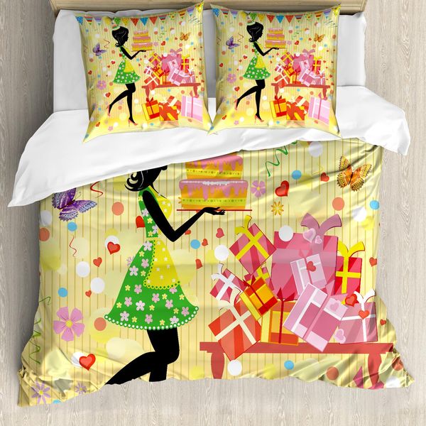 Abakuhaus Copripiumino Per Compleanno, Donna Con Torta Di Compleanno, Antiacaro, Adatto A Chi Soffre Di Allergie, Con Federe, 200 Cm X 200 Cm - 80 X 80 Cm, Multicolore-image