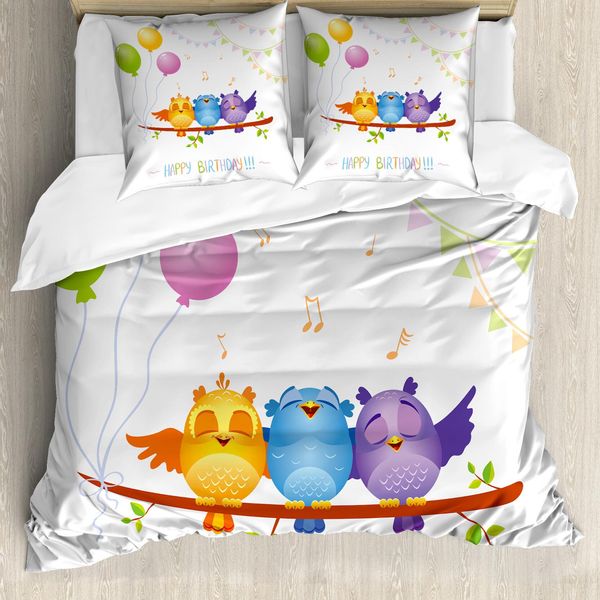 Abakuhaus Copripiumino Per Festa Di Compleanno, Gufi Appollaiati Su Un Ramo, Antiacaro, Adatto A Chi Soffre Di Allergie, Con Federe, 155 Cm X 220 Cm - 80 X 80 Cm, Multicolore-image