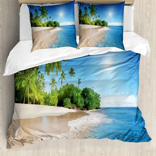 Abakuhaus Copripiumino Blu, Suuny Ocean Palms, Antiacaro, Adatto A Chi Soffre Di Allergie, Con Federe, 200 Cm X 200 Cm - 80 X 80 Cm, Blu, Verde E Bianco-image