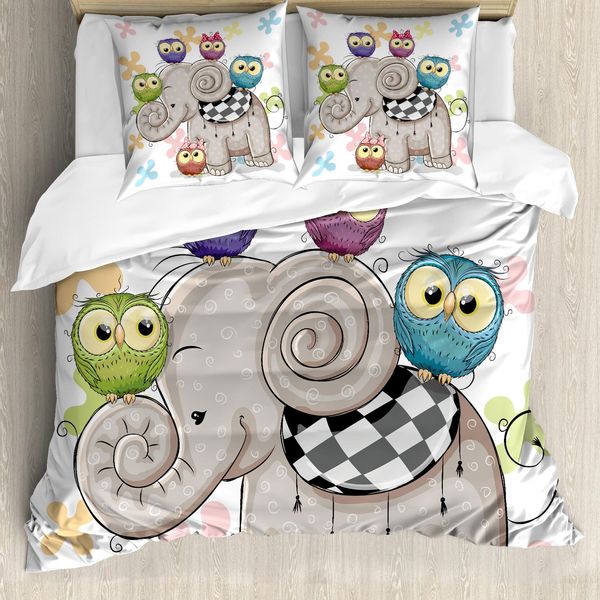 Abakuhaus Copripiumino Con Caricatura, Elefante E Gufi Innamorati, Antiacaro, Adatto A Chi Soffre Di Allergie, Con Federe, 155 Cm X 220 Cm - 80 X 80 Cm, Multicolore-image