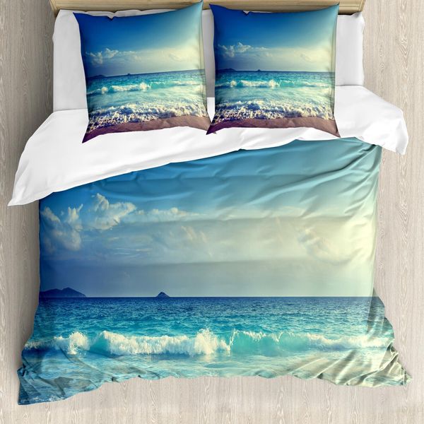 Abakuhaus Copripiumino Ocean, Tramonto Sulla Spiaggia Waves, Antiacaro, Adatto A Chi Soffre Di Allergie, Con Federe, 200 Cm X 200 Cm - 80 X 80 Cm, Crema Turchese-image