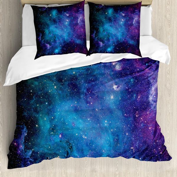 Abakuhaus Copripiumino Space, Stelle Galattiche Nello Spazio, Antiacaro, Adatto A Chi Soffre Di Allergie, Con Federe, 155 Cm X 220 Cm - 80 X 80 Cm, Blu Navy E Viola-image