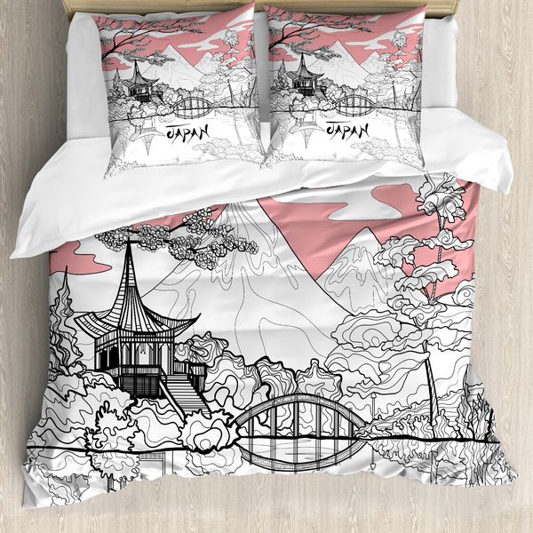 Set Copripiumino Abakuhaus Per Letti Matrimoniali, Pagoda Traufe Retro, Antiacaro, Adatto A Chi Soffre Di Allergie, Con Federe, Rosa, Bianco, Nero-image