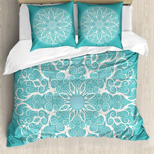 Abakuhaus Copripiumino Turchese, Motivi Floreali Simmetrici, Antiacaro, Adatto A Chi Soffre Di Allergie, Con Federe, 155 Cm X 220 Cm - 80 X 80 Cm, Bianco-image