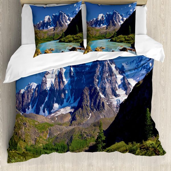 Abakuhaus Copripiumino Paesaggio, Mountain River Wolken, Antiacaro, Adatto A Chi Soffre Di Allergie, Con Federe, 155 Cm X 220 Cm - 80 X 80 Cm, Bianco, Verde, Grigio-image