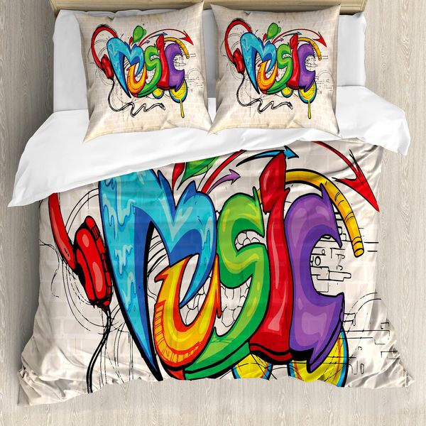Abakuhaus Copripiumino Musica, Graffiti Hip Hop, Antiacaro, Adatto A Chi Soffre Di Allergie, Con Federe, 155 Cm X 220 Cm - 80 X 80 Cm, Multicolore-image