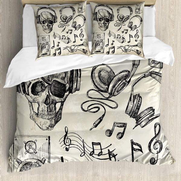 Abakuhaus Copripiumino Music, Teschi Hipster Musicali, Antiacaro, Adatto A Chi Soffre Di Allergie, Con Federe, 155 Cm X 220 Cm - 80 X 80 Cm, Beige Nero-image