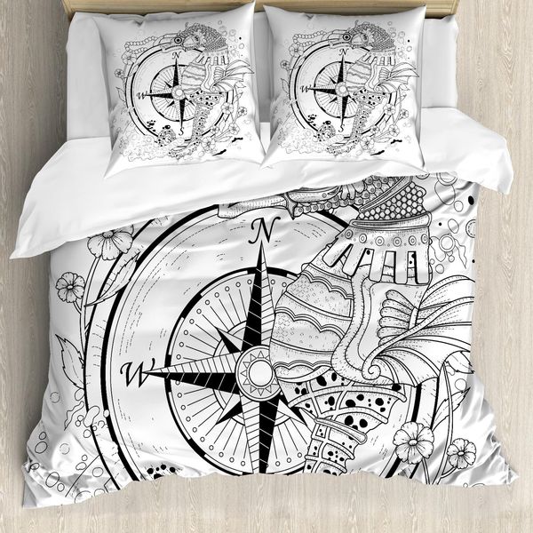 Abakuhaus Copripiumino Kompass, Seahorse Compass, Antiacaro, Adatto A Chi Soffre Di Allergie, Con Federe, 155 Cm X 220 Cm - 80 X 80 Cm, Bianco E Nero-image