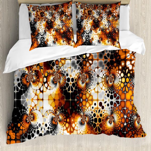 Abakuhaus Copripiumino Arancione Bruciato, Mosaico Vintage, Antiacaro, Adatto A Chi Soffre Di Allergie, Con Federe, 200 Cm X 200 Cm - 80 X 80 Cm, Nero Arancione Grigio-image