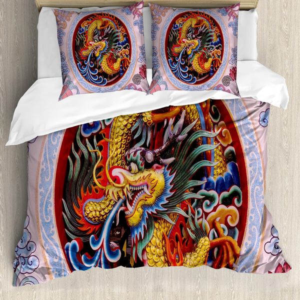 Abakuhaus Copripiumino Drago, Drago Cinese Mitico, Antiacaro, Adatto A Chi Soffre Di Allergie, Con Federe, 200 Cm X 200 Cm - 80 X 80 Cm, Giallo/Blu-image