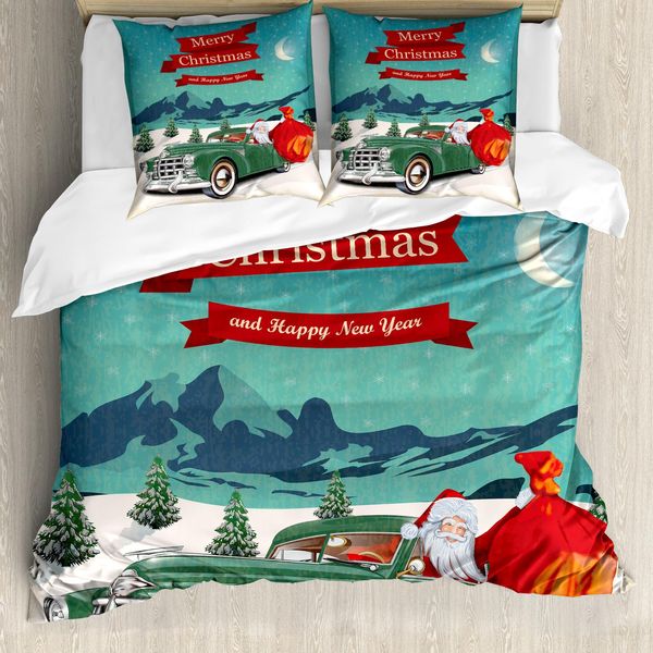 Abakuhaus Set Copripiumino Natalizio Per Letti Matrimoniali, Babbo Natale In Auto D'epoca, Antiacaro, Adatto A Chi Soffre Di Allergie, Con Federe, Rosso Teal-image