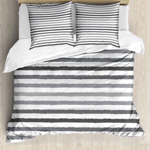 Abakuhaus Copripiumino A Righe, Grigio E Bianco Grunge, Antiacaro, Adatto A Chi Soffre Di Allergie, Con Federe, 155 Cm X 220 Cm - 80 X 80 Cm, Bianco Grigio-image