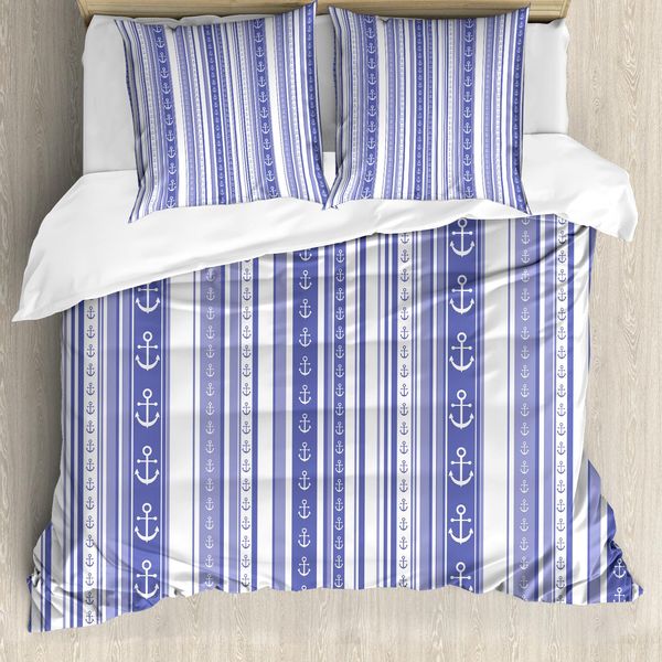 Abakuhaus Set Copripiumino A Righe Per Letti Matrimoniali, Simbolo Dell'ancora Nautica, Antiacaro, Adatto A Chi Soffre Di Allergie, Con Federe, Viola Viola-image