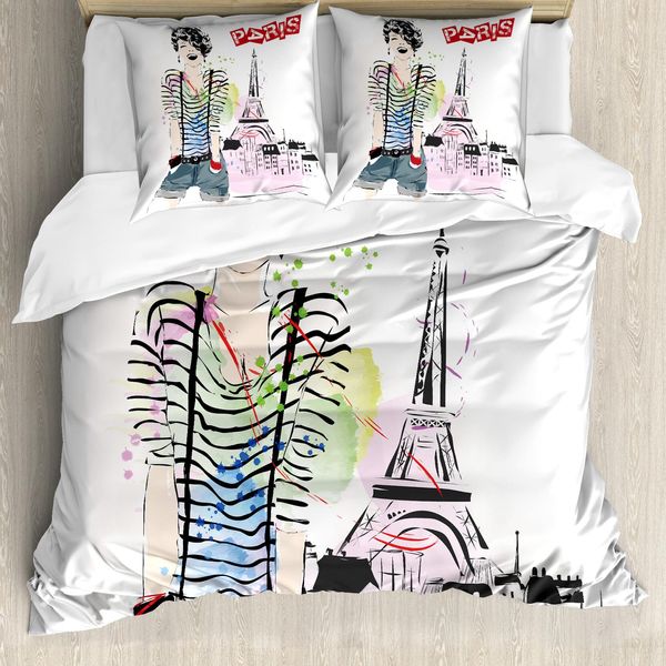 Abakuhaus Copripiumino Torre Eiffel, Ragazza Felice, Antiacaro, Adatto A Chi Soffre Di Allergie, Con Federe, 155 Cm X 220 Cm - 80 X 80 Cm, Multicolore-image