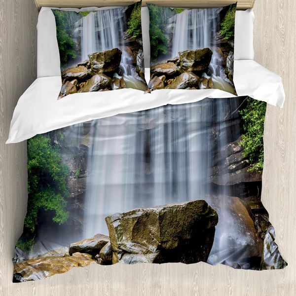Abakuhaus Copripiumino Waterfall, Cascate Tropicali, Antiacaro, Adatto A Chi Soffre Di Allergie, Con Federe, 155 Cm X 220 Cm - 80 X 80 Cm, Bianco, Verde E Marrone-image