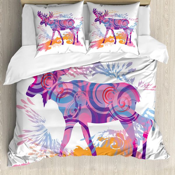 Abakuhaus Copripiumino Elch, Trippy Vivid Deer, Antiacaro, Adatto A Chi Soffre Di Allergie, Con Federe, 200 Cm X 200 Cm - 80 X 80 Cm, Malva E Arancione-image