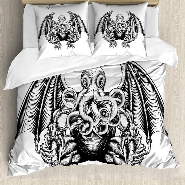 Abakuhaus Copripiumino Krake, Mostri Cosmici Malvagi, Antiacaro, Adatto A Chi Soffre Di Allergie, Con Federe, 155 Cm X 220 Cm - 80 X 80 Cm, Bianco E Nero-image