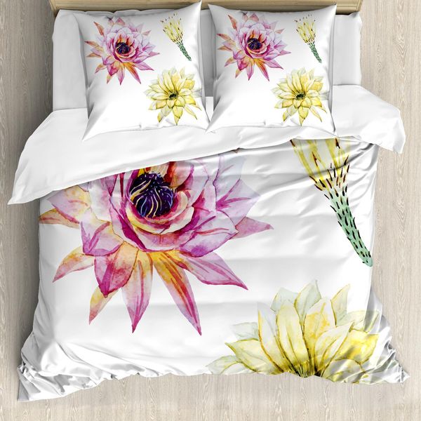 Abakuhaus Copripiumino Cactus, Fiori Acquerellati, Antiacaro, Adatto A Chi Soffre Di Allergie, Con Federe, 155 Cm X 220 Cm - 80 X 80 Cm, Rosa E Bianco-image