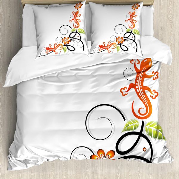 Abakuhaus Copripiumino Tribale, Baby Lizard E Fiori, Antiacaro, Adatto A Chi Soffre Di Allergie, Con Federe, 200 Cm X 200 Cm - 80 X 80 Cm, Arancione Bianco Nero-image