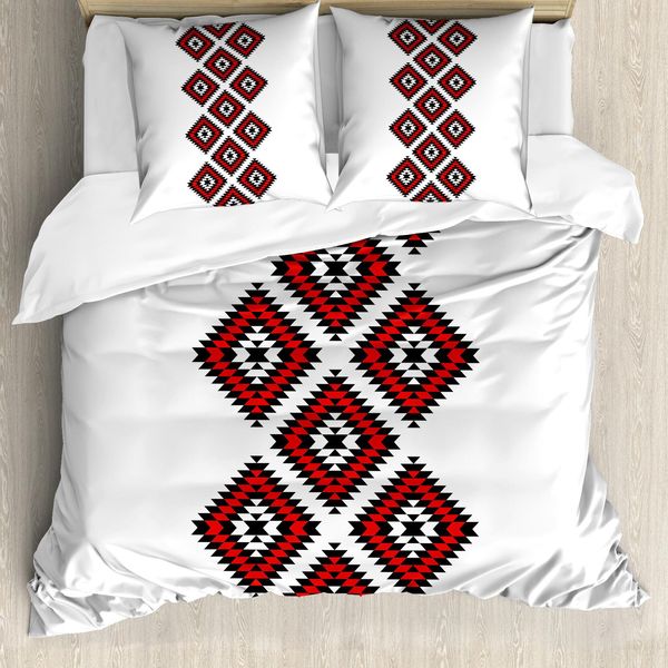 Abakuhaus Set Copripiumino Tribale Per Letti Matrimoniali, Motivo Indigeno, Antiacaro, Adatto A Chi Soffre Di Allergie, Con Federe, Rosso Cinabro Bianco-image