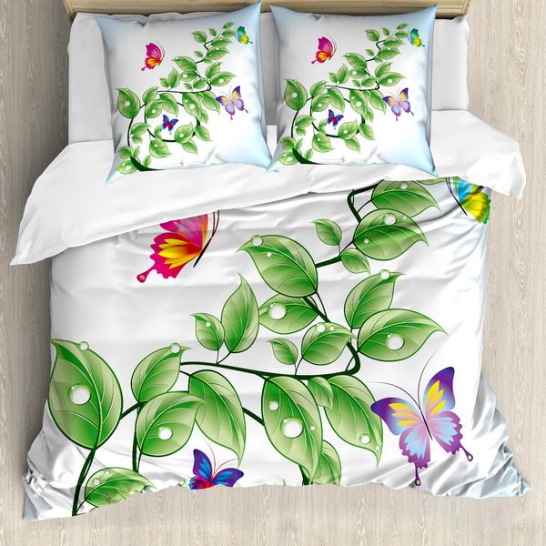 Abakuhaus Set Copripiumino Naturale Per Letti Matrimoniali, Petali Di Fiori E Rametti, Antiacaro, Adatto A Chi Soffre Di Allergie, Con Federe, Verde Felce E Azzurro-image