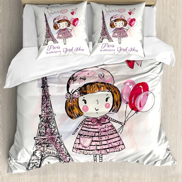 Abakuhaus Paris Copripiumino, Cuori Sulla Torre Eiffel, Antiacaro, Adatto A Chi Soffre Di Allergie, Con Federe, 200 Cm X 200 Cm - 80 X 80 Cm, Rosa Pallido, Lilla, Bianco-image