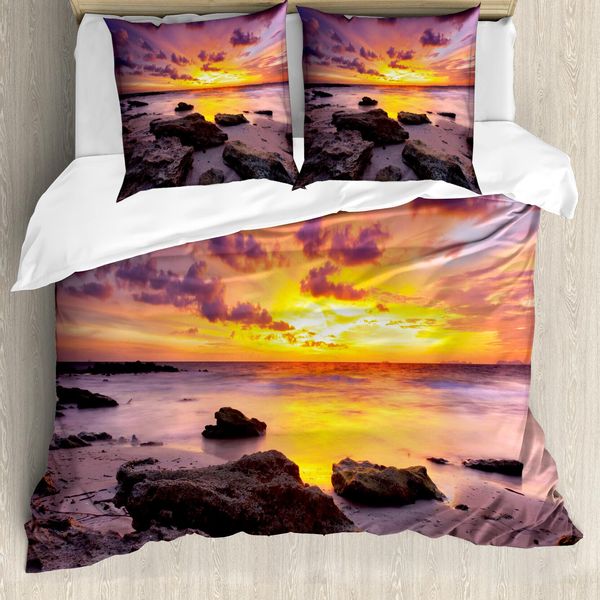 Abakuhaus Copripiumino Tropicale, Tramonto Spiaggia Idilliaca, Antiacaro Adatto A Chi Soffre Di Allergie Con Federe, 155 Cm X 220 Cm - 80 X 80 Cm, Malva Salmone Lilla-image