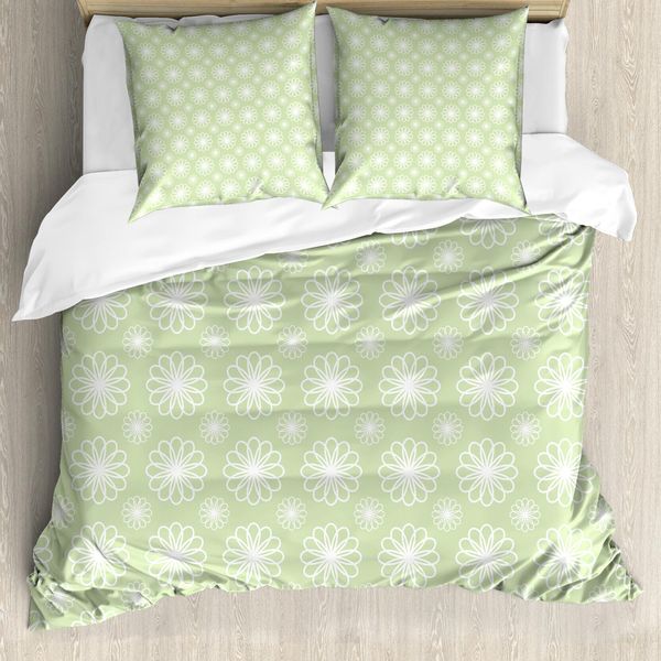 Abakuhaus Copripiumino Con Motivi Floreali, Geometrico Simmetrico, Antiacaro, Adatto A Chi Soffre Di Allergie, Con Federe, 155 Cm X 220 Cm - 80 X 80 Cm, Verde Pistacchio E Bianco-image