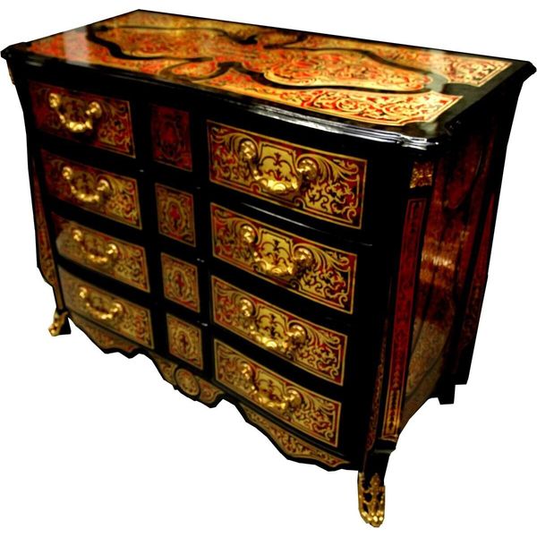 Casa Padrino Cassettone Barocco Boulle Nero / Oro / Rosso 112 Cm - Mobile Credenza-image