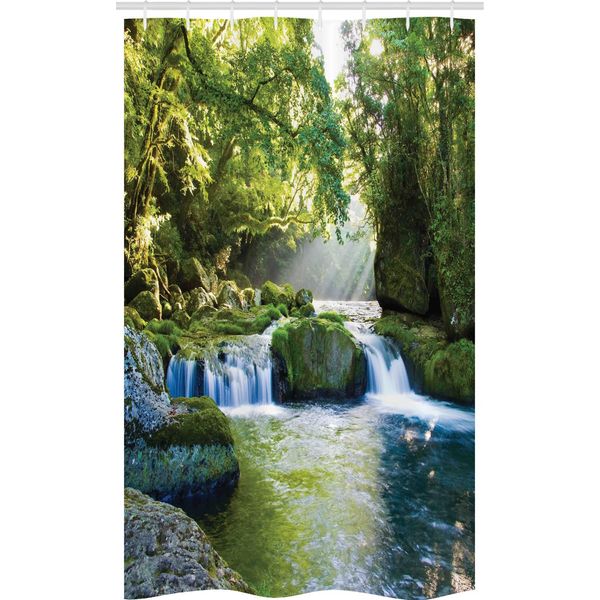 Abakuhaus Tenda Da Doccia Stretta Urwald, Foglie Nebelgebirge, Set Decorativo Per Bagno In Tessuto Con Ganci, 120 X 180 Cm, Giallo Verde Blu-image