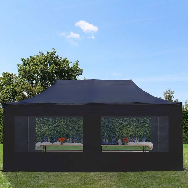 Toolport 3X6M Gazebo Pieghevole Con Laterali (Finestre Panoramiche), Premium Acciaio, Nero-image