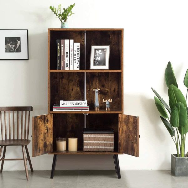 Libreria Costway A 2 Ante, Libreria In Legno, Libreria Vintage, Scaffale In Legno Marrone, Scaffale Portaoggetti 60X30X120Cm-image
