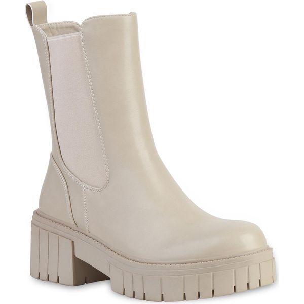 Van Hill Donna Stivaletti Stivali Piattaforma Stivali Scarpe Suola Profilo 837673, Colore: Beige, Taglia: 37-image