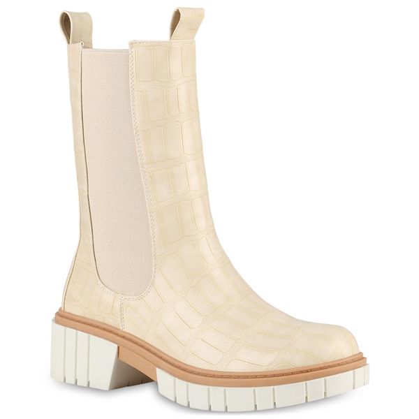 Van Hill Donna Stivali Piattaforma Stivali Tacco A Blocco Profilo Suola Scarpe 838051, Colore: Beige, Taglia: 37-image