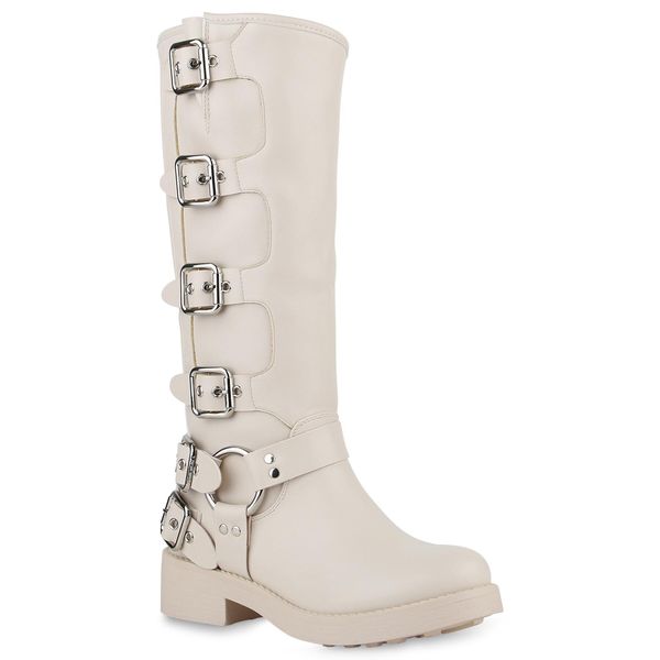 Van Hill Donna Stivali Biker Leggermente Foderati Fibbie Rivetti Scarpe 840848, Colore: Beige, Taglia: 36-image