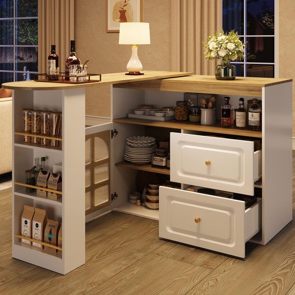 Tavolo Da Bar Flieks Girevole A 360°, Tavolo Da Bar Allungabile Con Credenza, Tavolo Da Pranzo 138-204X39X104 Cm, Mobile Con Anta In Vetro E Cassetti, Bianco-image