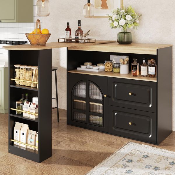 Tavolo Da Bar Flieks Girevole A 360°, Tavolo Da Bar Allungabile Con Credenza, Tavolo Da Pranzo 138-204X39X104 Cm, Mobile Con Anta In Vetro E Cassetti, Nero-image
