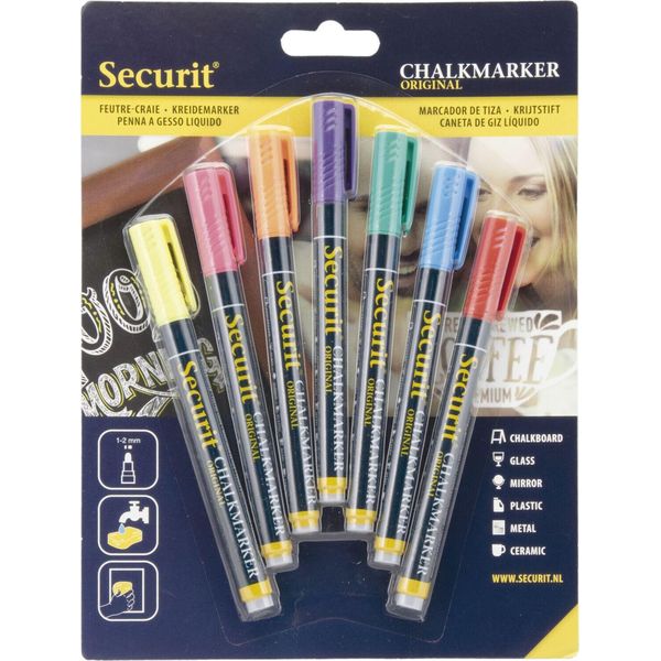 Securit Pennarello A Gesso Liquido Punta 1-2 Mm In Rosso, Blu, Giallo, Verde, Rosa, Arancio, Viola (7 Pezzi)-image