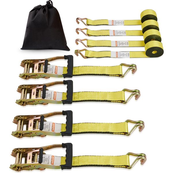 Succebuy Cinghie Di Tensione A Cricchetto (Confezione Da 4) - Carico Di Rottura Di 5000 Lb, 2" X 15', Doppi Ganci A J, Maniglie Imbottite, Per Carichi, Elettrodomestici, Attrezzature Da Giardino"-image